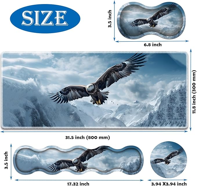 4 in 1 Mouse Pad Combo Large Gaming Mouse Pad + Keyboard Wrist Support + Mouse Wrist Rest + Coaster Table Pad 31.5 x 11.8 with Memory Foam Ergonomic Wrist Pad Set Eagles in The Sky