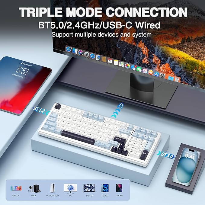 AULA F99 Wireless Mechanical Keyboard Hot Swappable Custom KeyboardPre-lubed Linear SwitchesGasket StructureRGB Backlit Gaming Keyboard (Blue&ampWhite) (Renewed)