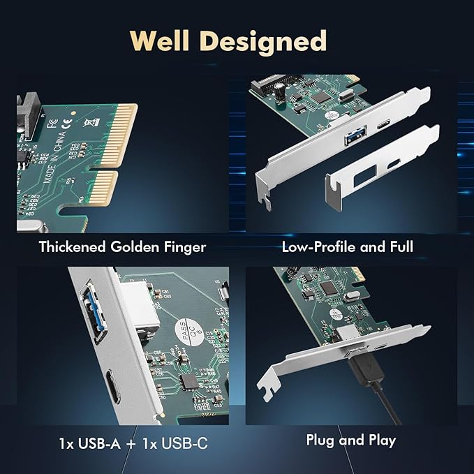 Binardat PCIE to USB 3.2 Gen2 10Gbps Expansion Card 2 Port USB Type-A and Type-C Ports Self-Powered Low Profile Bracket USB3.2 Hub Controller Adapter for Windows 10/11