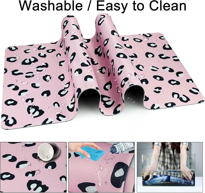 Mouse Pad + Desk Mat + Keyboard Wrist Rest + Coaster 4 in 1 Set Cute Ergonomic Large Gaming Mousepad with Wrist Rest Support Desk Pad for Computer Laptop Office Home Decor-Pink Leopards