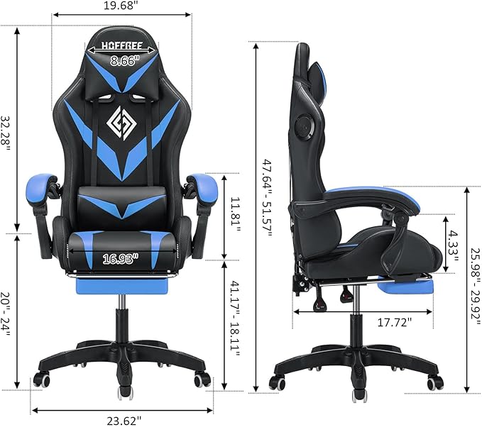 HOFFREE Gaming Chair Massage with Bluetooth Speakers and Led Lights Ergonomic Computer Gaming Chair with Footrest RGB Video Game Chair with High Back Lumbar Support Blue and Black