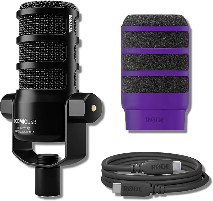 Rode PodMic USB Dynamic Broadcast Microphone with Purple WS14 Pop Filter
