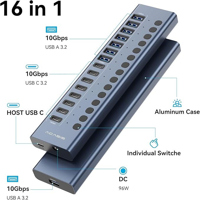 Powered USB 3.2 Hub ACASIS 16 Ports USB 3.2 Hub(8 USB-A 3.2 Ports+8 USB-C 3.2 Ports) Aluminum USB Hub Powered with 96W Power Adapter USB Hub for PC/Laptop Computer Flash Drive Printer Camera