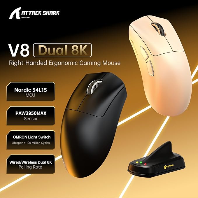 ATTACK SHARK V8 Wireless Gaming Mouse 59g Lightweight BT/2.4G Wireless/Wired Mouse PixArt PAW3950MAX Gaming Sensor 8K Polling42000 DPICoiled CableOffice Mice for PC/Win/Mac(Black)