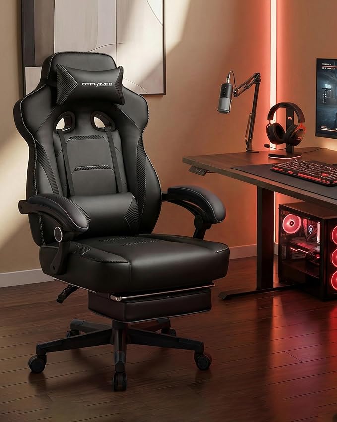 GTPLAYER Gaming Chair with Footrest Big and Tall Game Chair 350lb Racing Style Computer Chair Ergonomic Executive Office Chair High Back with Lumbar Support and Recliner Black
