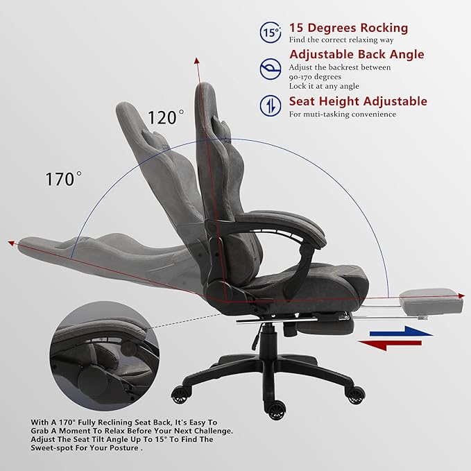 Dowinx Gaming Chair Big and Tall Ergonomic Game Chair for Adults with Footrest and Massage Lumbar Support High Back Computer Gamer Chair PU Leather 350Lbs for Office Home Grey