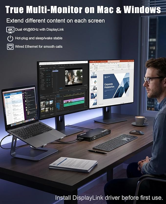 WAVLINK Pro Dual 4K@60Hz Universal Docking Station | USB 3.0/USB-C Laptop Dock for Mac &amp Windows | 2 HDMI/DP Monitors Gigabit Ethernet 6 USB 3.0 | Home Office &amp Multi-Screen Productivity.