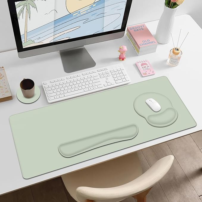 4 PCS Mouse Pad Desk Mat Protector Keyboard Wrist Rest + Comfortable Mouse Pad with Wrist Rest +Coaster Large Gaming Mousepad for Computer Laptop 35.4X 15.7 Deskpad for Office Home I Bean Green