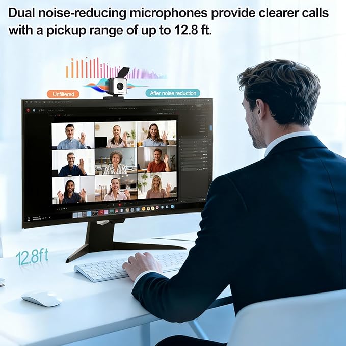4K USB Webcam with Dual Microphones 9X Hybrid Zoom Auto Light Correction 86° Wide Angle for Video Conferencing Live Streaming Remote Work Compatible with PC Desktop Laptop