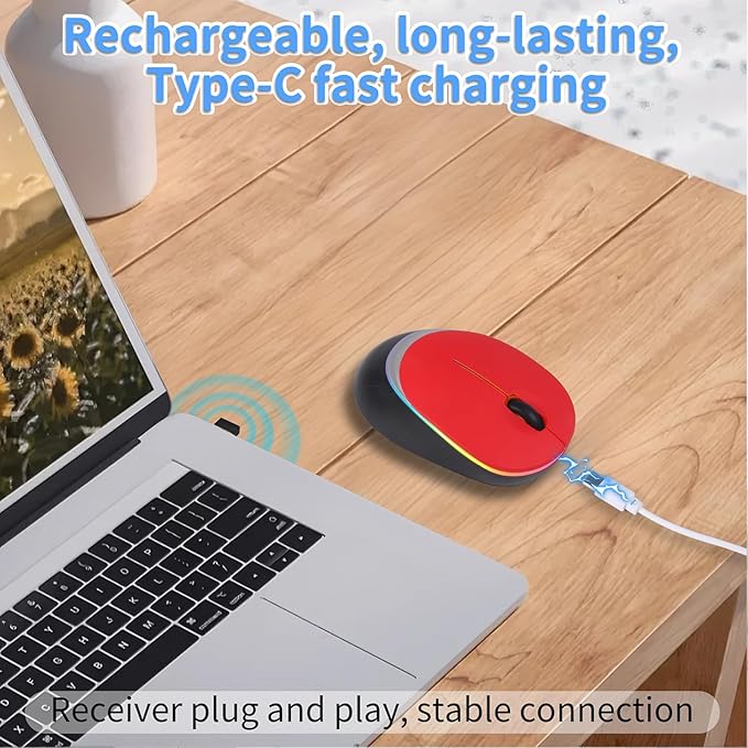 Type-C RGB Wireless Bluetooth Mouse - Ergonomic Rechargeable Silent Clicks for Laptops and PCs - Ideal for Office and Gaming Use (Red)