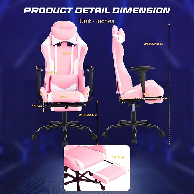 Gaming Chair Computer Office Chair Ergonomic Desk Chair Height Adjustable Recliner Swivel High Back with Lumbar Support Footrest Headrest Racing Style Desk ChairPink