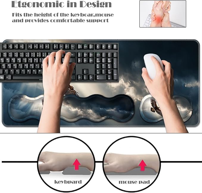Ergonomic Keyboard Wrist Rest &amp Mouse Pad Wrist Rest SetXL Gaming Desk Mat 31.5x 11.8Non-Slip BaseMemory FoamEasy Typing Pain Relief for Office &amp HomeEagle Flying