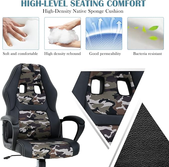 Computer Chair Ergonomic Desk Chair Racing Gaming Chair with Armrest &ampHeight Adjustable High Back Computer E-Sports Chair Task Swivel Executive Seat PU Leather Chair for Home Office (Camo)