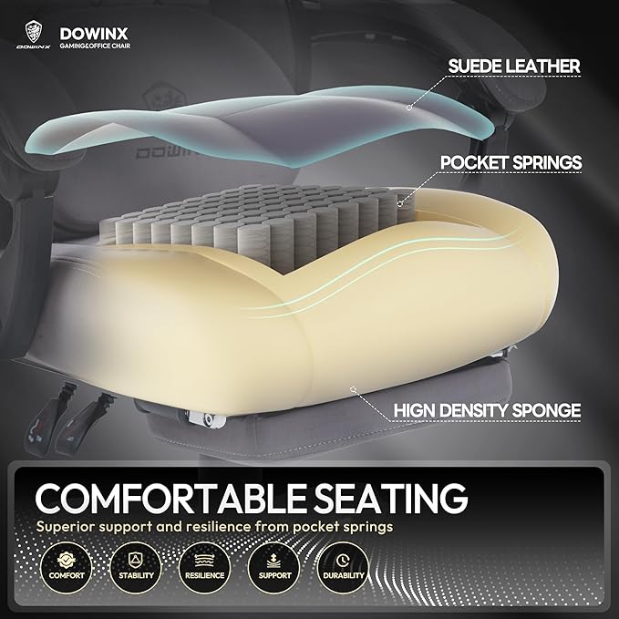 Dowinx Fabric Gaming Chair with Heated Massage Lumbar Support Gaming Chairs for Adults Big and Tall Gamer Chair with Pocket Spring Cushion and Footrest Ergonomic Recliner Computer Chair Grey