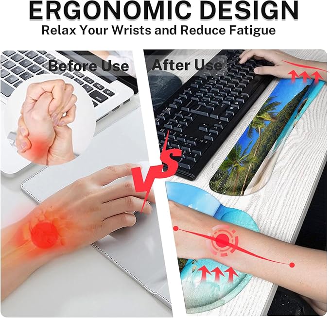 Arttown Tropical Sunshine Beach Desk Mat Summer Ocean Mouse Pad Set 4 in 1 Ergonomic Design Large Desk Pad + Keyboard Wrist Rest + Mouse Wrist Rest + Coaster Suitable for Home Office Study Game