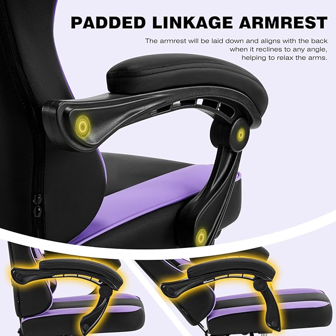 Gaming Chair Purple Gaming Chairs for Adults Teens High-Back Ergonomic Computer Chair with Extended Footrest Removable Headrest &amp Lumbar Support Wide PU Leather Reclining Desk Chair