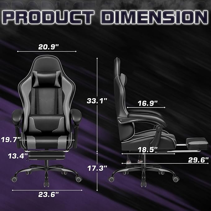 Homall Gaming Chair Video Game Chair with Footrest and Massage Lumbar Support Ergonomic Computer Chair Height Adjustable with Swivel Seat and Headrest (Grey)