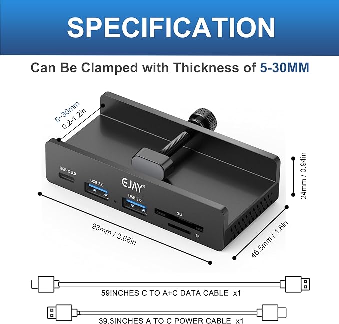 EJAY 5-Port USB 3.0 Hub with Card Reader &amp Clamp Mount 5Gbps Aluminum Docking Station for MacBook PC Dual Cable USB Adapter for Photographers Remote Workers Students Black