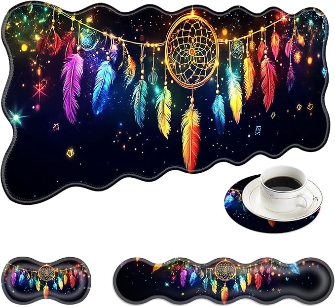 Large Mouse Pad and Keyboard Wrist Rest Desk Pad for Keyboard and Mouse 4-in-1 Large Gaming Mouse Pad with Wrist Support Desk Mat for Home Office Study Game-Colorful Dreamcatcher