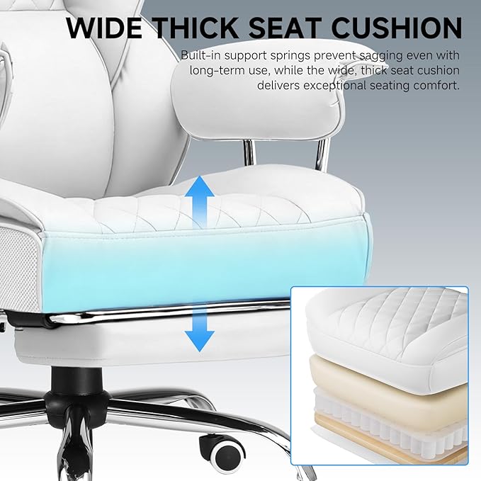 GTPLAYER Gaming ChairOffice Chair with Pocket Spring Lumbar Support Ergonomic Comfortable Wide Office Desk Computer Chair with Outward Fixed Soft Armrests and Footrest(PU Leather White)