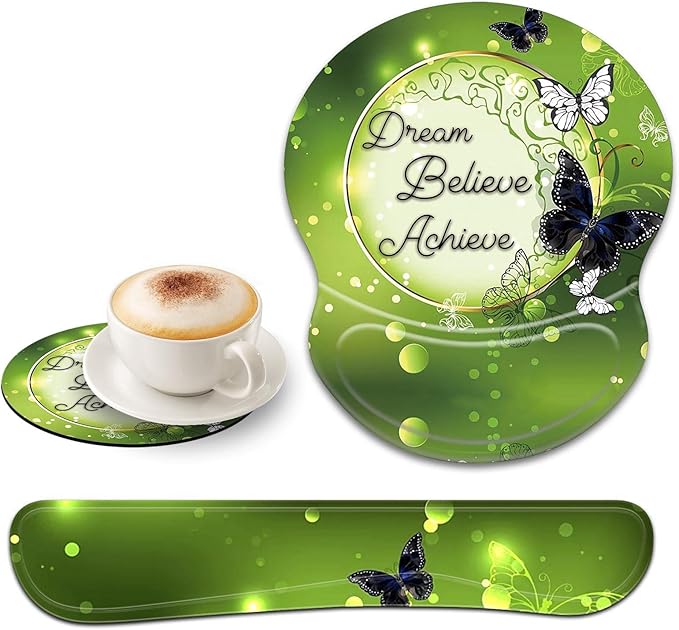Ergonomic Gel Mouse Wrist Rest Pad and Keyboard Set Anti-Slip PU Bottom Easy Typing Relieve Pain with Cute Coaster Set (3-Butterfly Inspirational Quote Dream Believe Achieve)