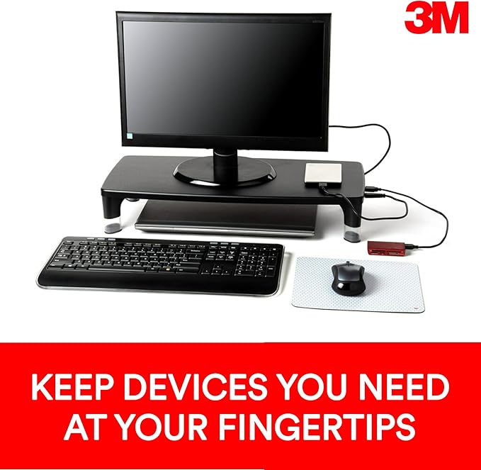 3M Adjustable Monitor Stand with 4-Port USB Hub Black Great for Computer Monitors Laptops TVs Speakers Printers and More