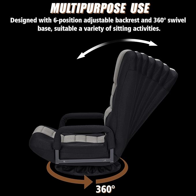 Swivel Gaming Chair Multipurpose Floor Gaming Chair for Playing Video Games TV Reading w/Armrest Lumbar Support &amp 6 Adjustable Postion Backrest for AdultsGrey