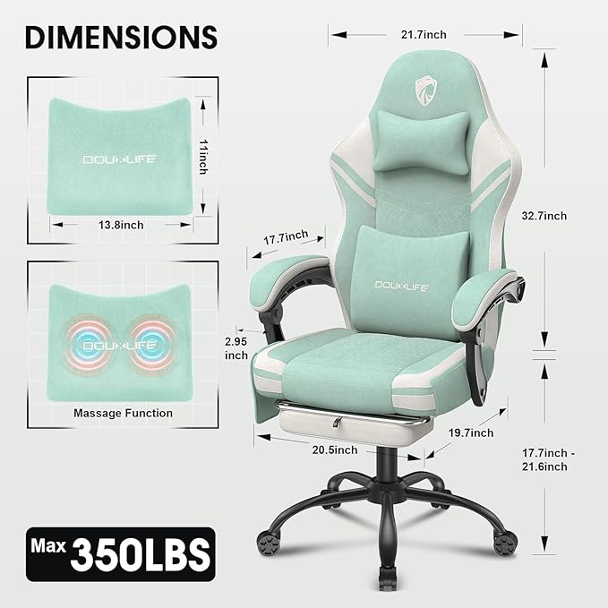 Gaming Chair Tech Fabric Computer Chair with Massage Office Chair with Pocket Spring Widened Cushion High Back Ergonomic Chair with Footrest Lumbar Support Upgraded Metal Legs 350LBS (Green)