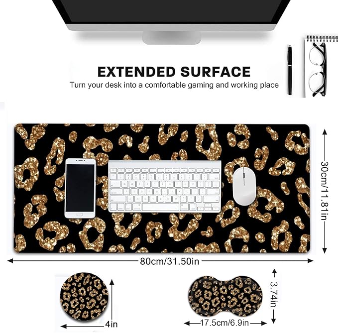 Large Gaming Mouse Pad 31.5x11.8 in Extended Computer Mouse Mat with Non-Slip PU Base Ergonomic Memory Foam Keyboard Wrist Restfor Work Gaming Rose Gold Glitter Psalm 465 Black Office Desk Pad