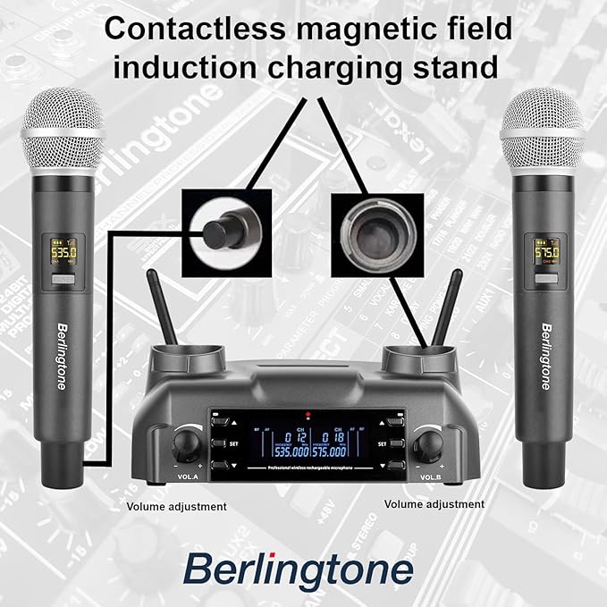 Berlingtone) Professional Dual Dynamic Handheld UHF Wireless Microphone System Magnetic Wireless Charging 200 Adjustable Frequency Channels for Karaoke Meeting Church up 200ft Range BR-60UM