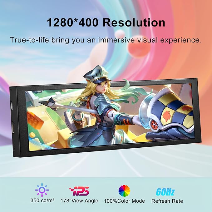 7.84 Inch HD Mini Monitor 1280x400 IPS Stretched Bar LCD Display with Casing for Computer Laptop Speed Temperature Aida64 CPU GPU Monitoring Secondary Screen