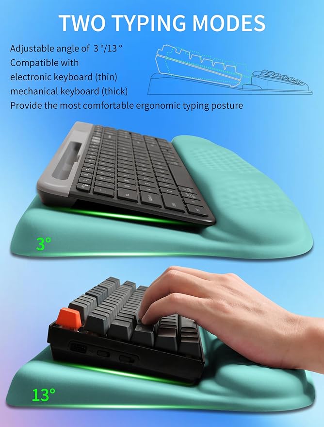 Ergonomic Wave Wrist Rest with Keyboard Stand Cushioned Palm Rest Comfortable Integrated Memory Foam for Natural Typing and Relieve Wrist Pain Baby Blue