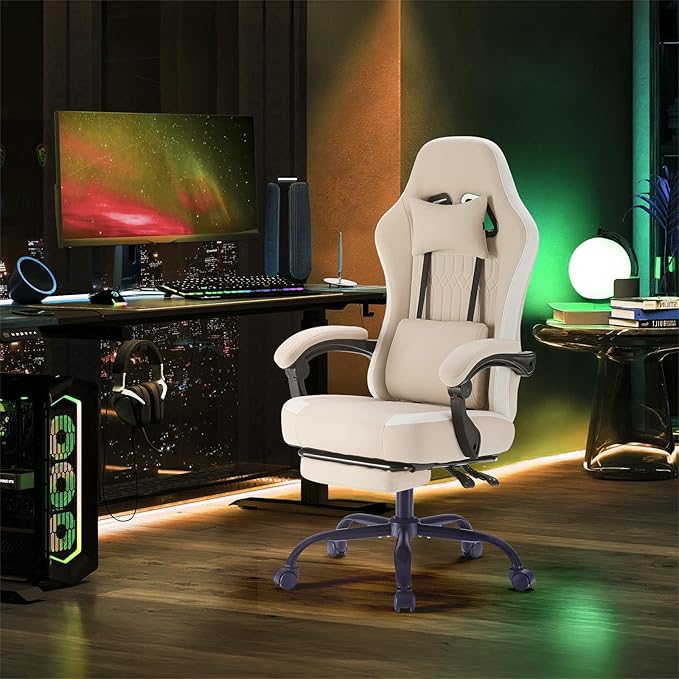 Sweetcrispy Computer Gaming Chair - High Back Ergonomic Desk Chair with Footrest and Lumbar Support Height Adjustable Task Chair with Linkage Armrests and Headrest 360°Wheels Fabric Khaki