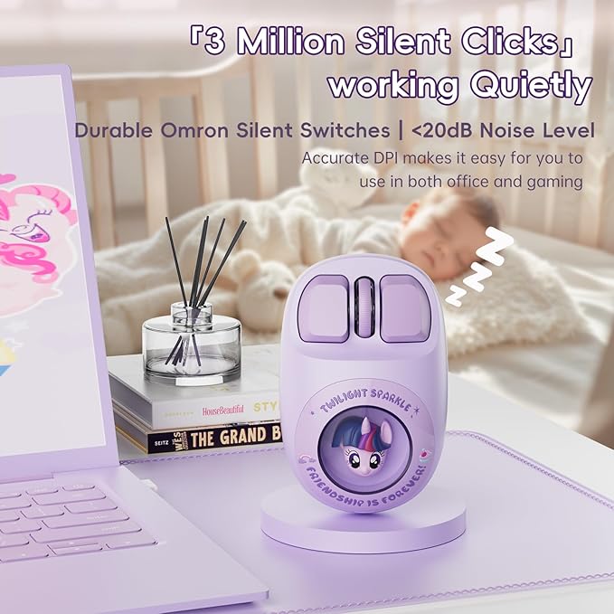 My Little Pony Wireless Mouse - Twilight Sparkle Edition 3D Character Design Silent Click Mouse with 1600 DPI Dual-Mode (2.4GHz/Bluetooth) Ergonomic for Mac/Windows