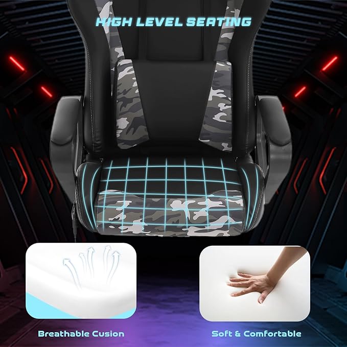 PayLessHere High Back Gaming Chair PC Computer Chair with Lumbar Support Arms Headrest Executive Racing Style Ergonomic Office Chair with Adjustable Rolling Swivel PU Leather Desk Chair (Camo)