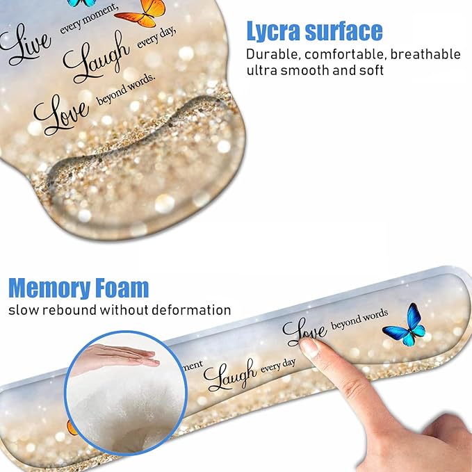 Keyboard Wrist Rest + Mouse Pad Wrist Support Set with Coasters Non-Slip PU Base Ergonomic Mousepad for Home Office Working Studying Easy Typing &amp Pain Relief Glitter Quote Live Laugh Love