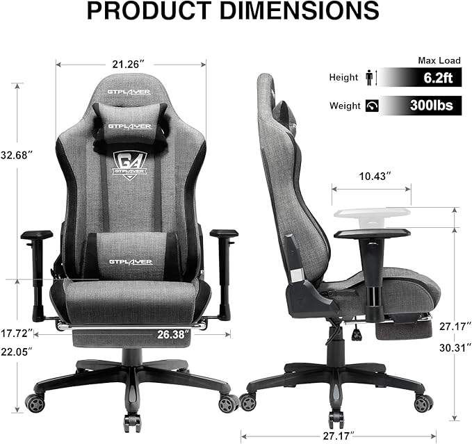 GTPLAYER Gaming Chair with Footrest Fabric Breathable Big and Tall Ergonomic Computer Chair 350 lbs with Adjustable Lumbar Support and Recliner High Back Game Chair for Office Gaming Grey