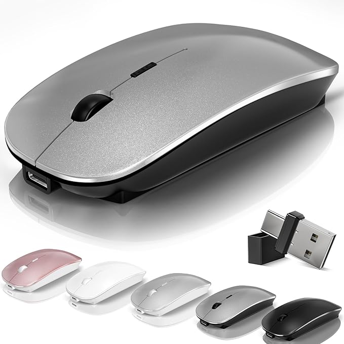 Wireless Bluetooth Mouse for Mac Air MacBook Pro Laptop PC Pad Optical Rechargeable Silent Mouse with Jiggler Mode Dual Mode Switch Bluetooth 5.2/3.0 and 2.4G USB-A &amp USB-C Receiver Gray