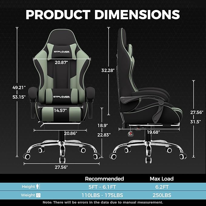 GTPLAYER Gaming Chair Computer Chair with Footrest and Lumbar Support Height Adjustable Game Chair with 360°-Swivel Seat and Headrest and for Office or Gaming (Green Fabric)