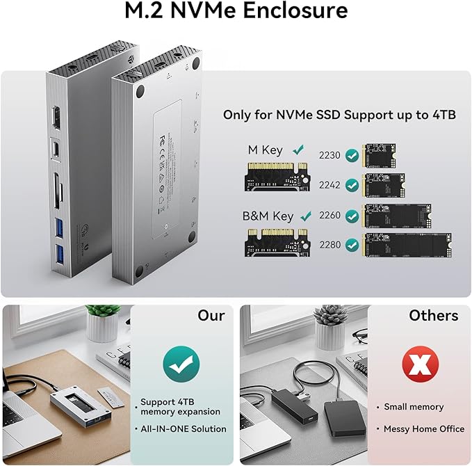Yottamaster Aluminum USB C Hub with M.2 NVMe SSD Enclosure 10-in-1 USB C Docking Station 10Gbps for NVMe PCI-E M.2 SSD Support 100W Charging 4K HDMI RJ45 4 USB Ports Audio SD/TF Card Reader