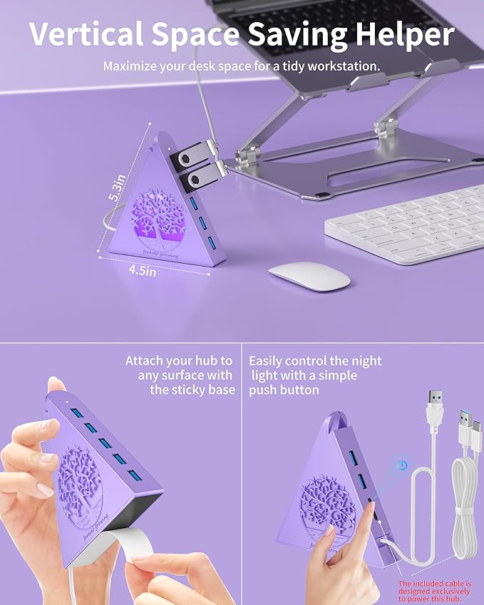 7-Port USB 3.0 Hub Light Purple Vertical USB Splitter with Tree-Inspired RGB Lights 5Gbps High-Speed Transfer 2FT Cable Compatible with MacBook PC Flash Drive Console Printer Camera