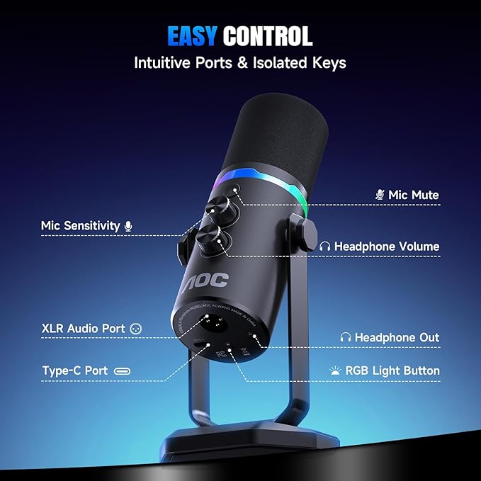 AOC USB/XLR Dynamic MicrophonePC Gaming Mic with RGB LightPodcast Mic for Recording Streaming Vocal &amp Singing with Mute Button 3.5mm Headphone JackDesktop Stand (XLR Cable Included)