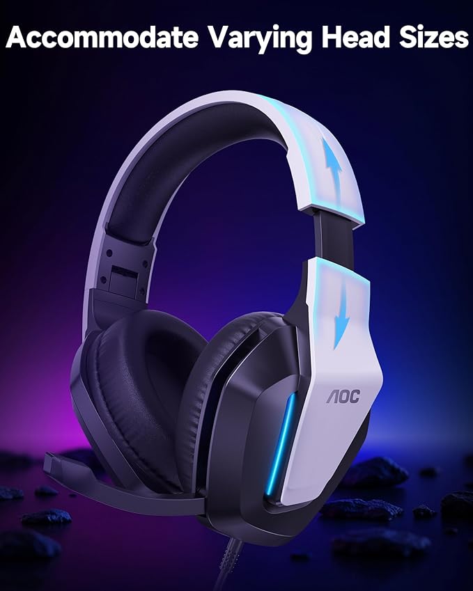AOC Gaming Headset for PS5 PS4 PC Mac Switch Xbox Series Surround Sound RGB Gaming Headphones with Noise Canceling Microphone 50MM Dynamic Drivers 3.5MM Audio Jack White