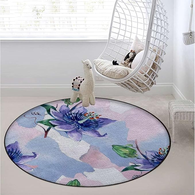 Romantic Flower Round Office Chair Mat for Hardwood Floor Computer Gaming Rolling Chair Mat Floor Protector Mat Desk Rug Rustic Floral Design LavenderPale Blue Green Diameter 35.5 in