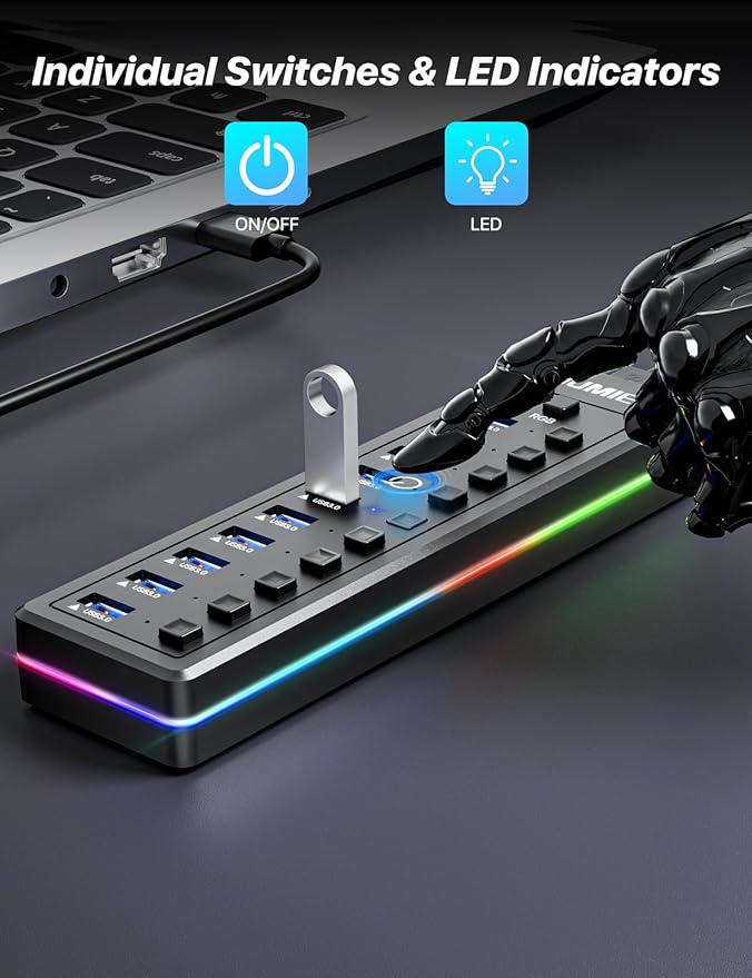 Powered USB Hub 10-Port USB 3.0 Hub with RGB LED Strip -5Gbps Data TransferIndividual LED On/Off Switches and 12V/2A Power Adapter for Laptop PC Mouse Keyboard Hard Drive or More USB Devices.