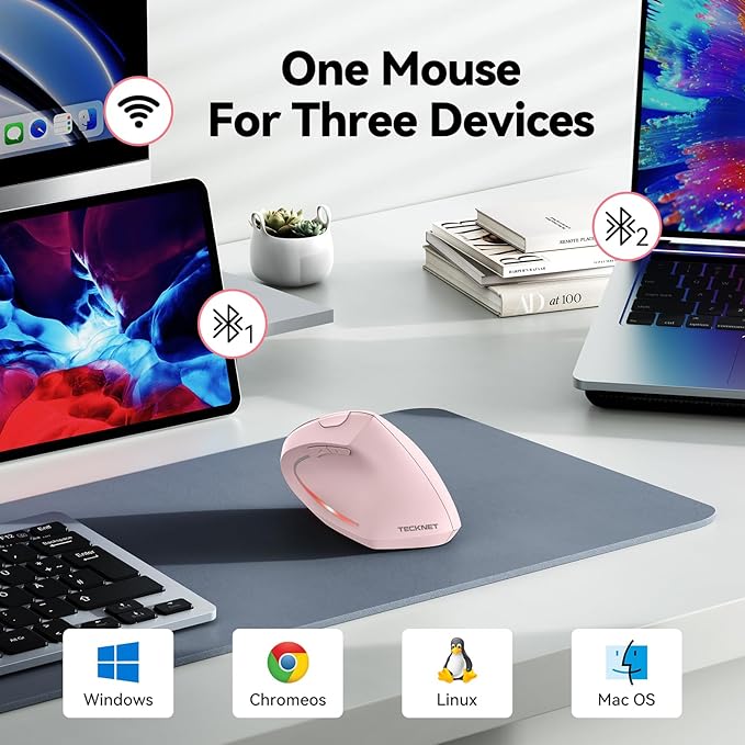 TECKNET Ergonomic Mouse Wireless Bluetooth Vertical Mouse 4800 DPI Optical Tracking 6 Adjustable DPI Quiet Clicks 2.4GHz with USB A Receiver 12 Months Battery 6 Buttons Wide Compatibility