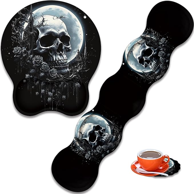 Mouse Wrist Rest and Keyboard Wrist Rest Pad+ Coaster Set Non-Slip Rubber Base Smooth Surface Ergonomic Gaming Mouse Pad for Easy Typing and Pain Relief Skull Rose Under The Moon
