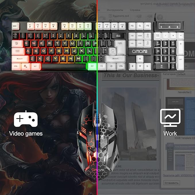 CHONCHOW Light Up Keyboard and Mouse Combo Full Size RGB Gaming LED Keyboard and Rainbow Wired Gaming Mouse for PS4 PS5 Xbox One Computer Desktop PC Gamer Office
