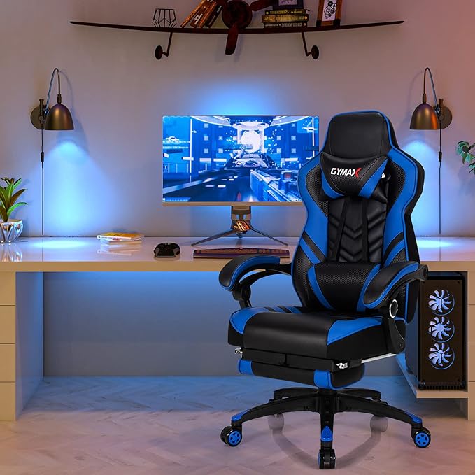 GYMAX Gaming Chair Ergonomic Computer Chair with Footrest Linkage Armrests &amp Lumbar Cushion Big Wide High Back Video Gaming Chair Reclining Office Rolling Chair for Adult/Teens (Blue)