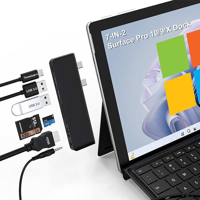 Surface Pro 9/10/11 Accessories - Surface Pro Docking Station with Thunderbolt 4(Display+Data+100W PD) 4K HDMI 2 USB3.0 3.5mm Audio SD/TF Reader HDMI+USB C Triple Display Surface Pro 11 10 9 Hub